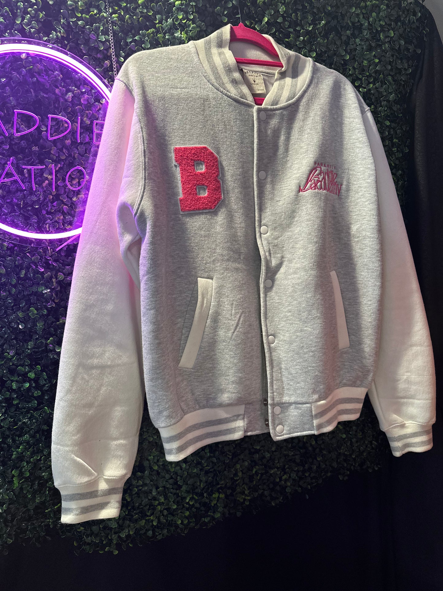 CLEARANCE ITEM: Large Grey, White & Pink Varsity Jacket