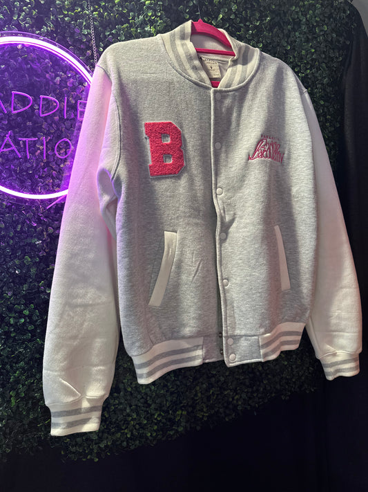 CLEARANCE ITEM: Large Grey, White & Pink Varsity Jacket