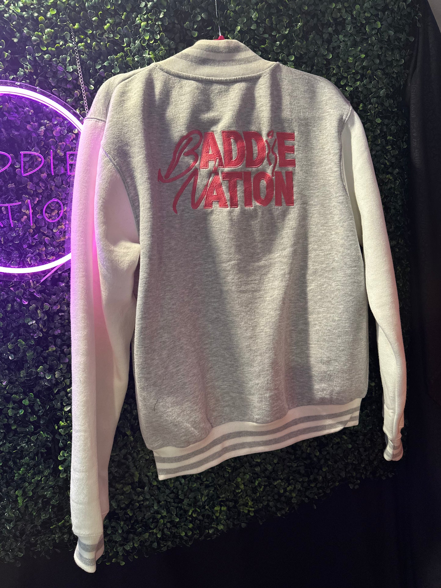 CLEARANCE ITEM: Large Grey, White & Pink Varsity Jacket